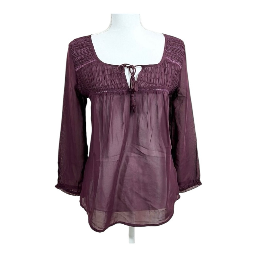 American Eagle Burgundy Sheer Peasant Blouse 3/4 Sleeve Size Small